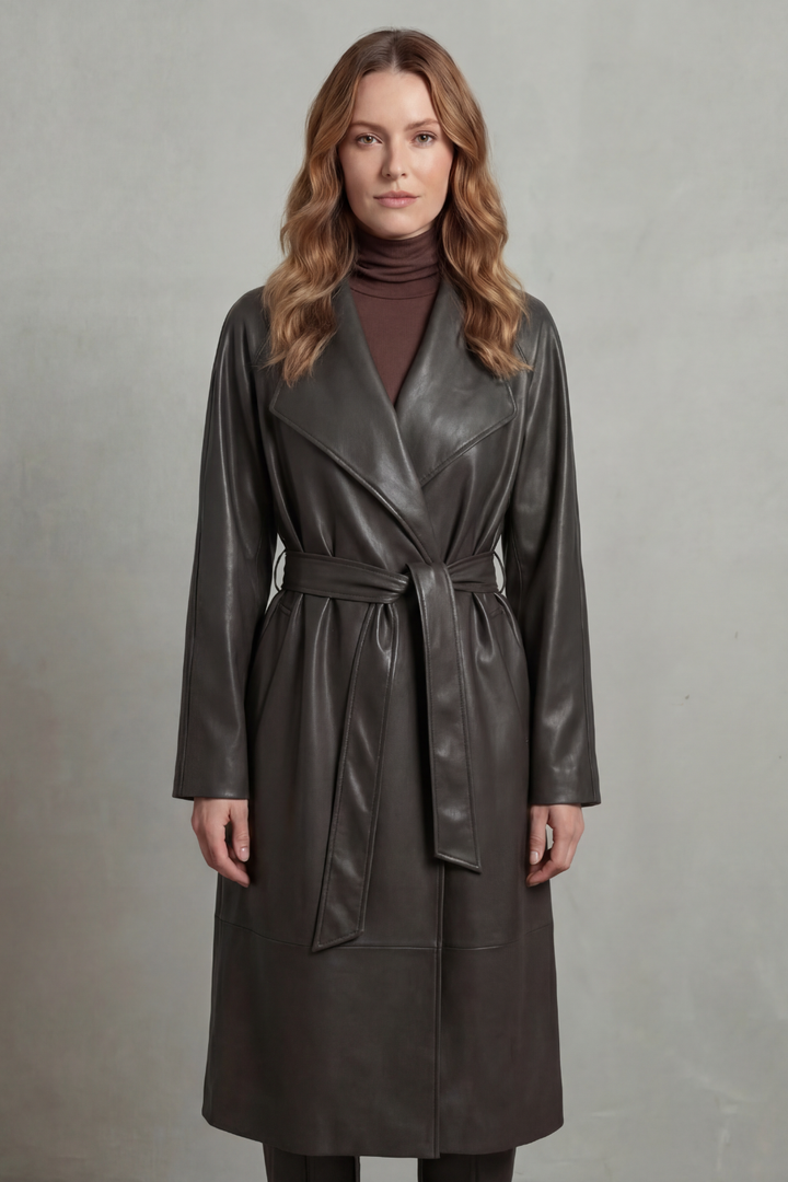 Women's longline belted trench coat with wide lapels and long sleeves