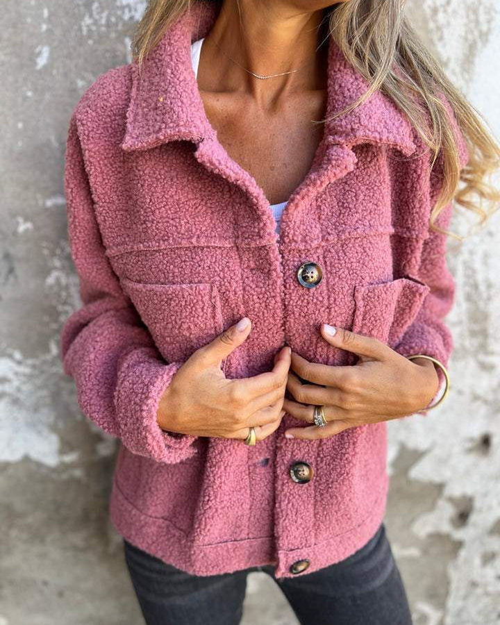 Women's textured button front jacket with lapel collar and patch pockets