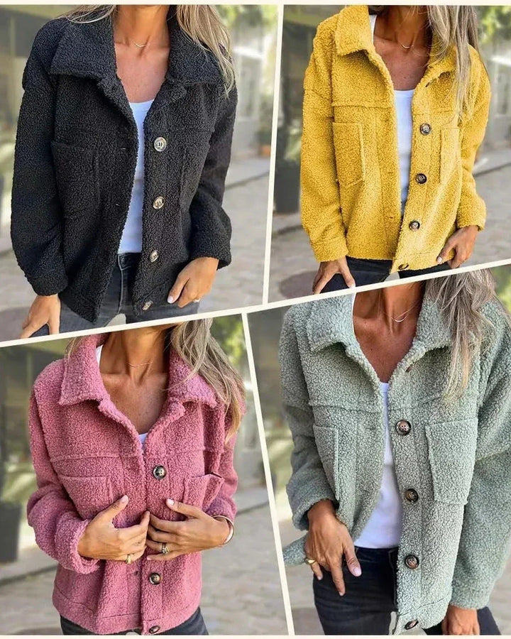 Women's textured button front jacket with lapel collar and patch pockets