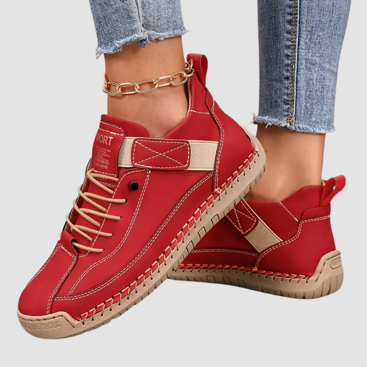 Women's high-top lace-up sneakers with stitched panels and flat textured soles