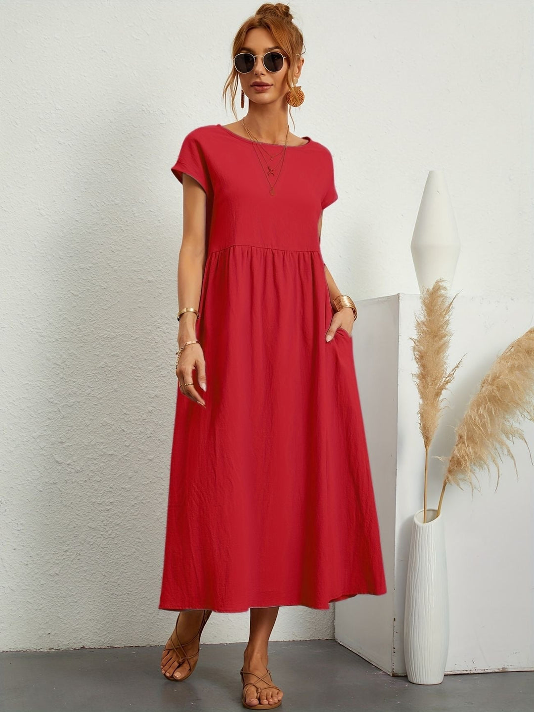 Dress For Women | Short Sleeve Round Neck Midi