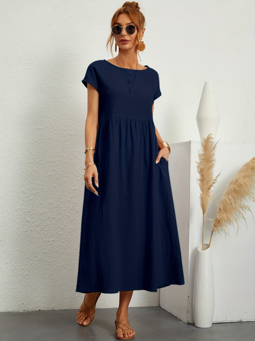 Dress For Women | Short Sleeve Round Neck Midi