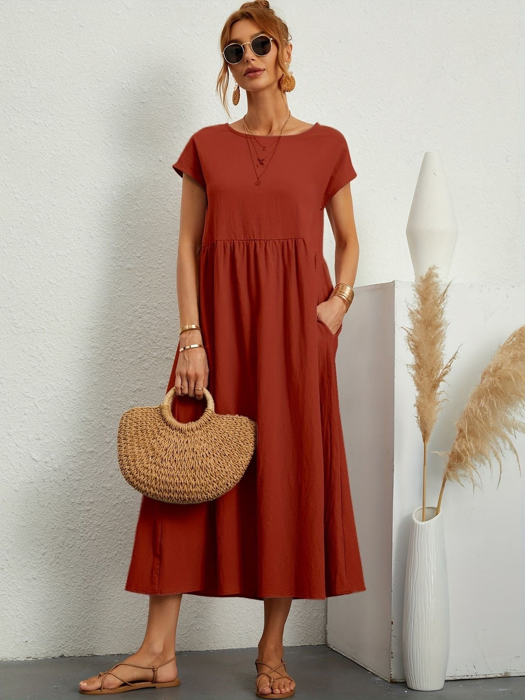Dress For Women | Short Sleeve Round Neck Midi