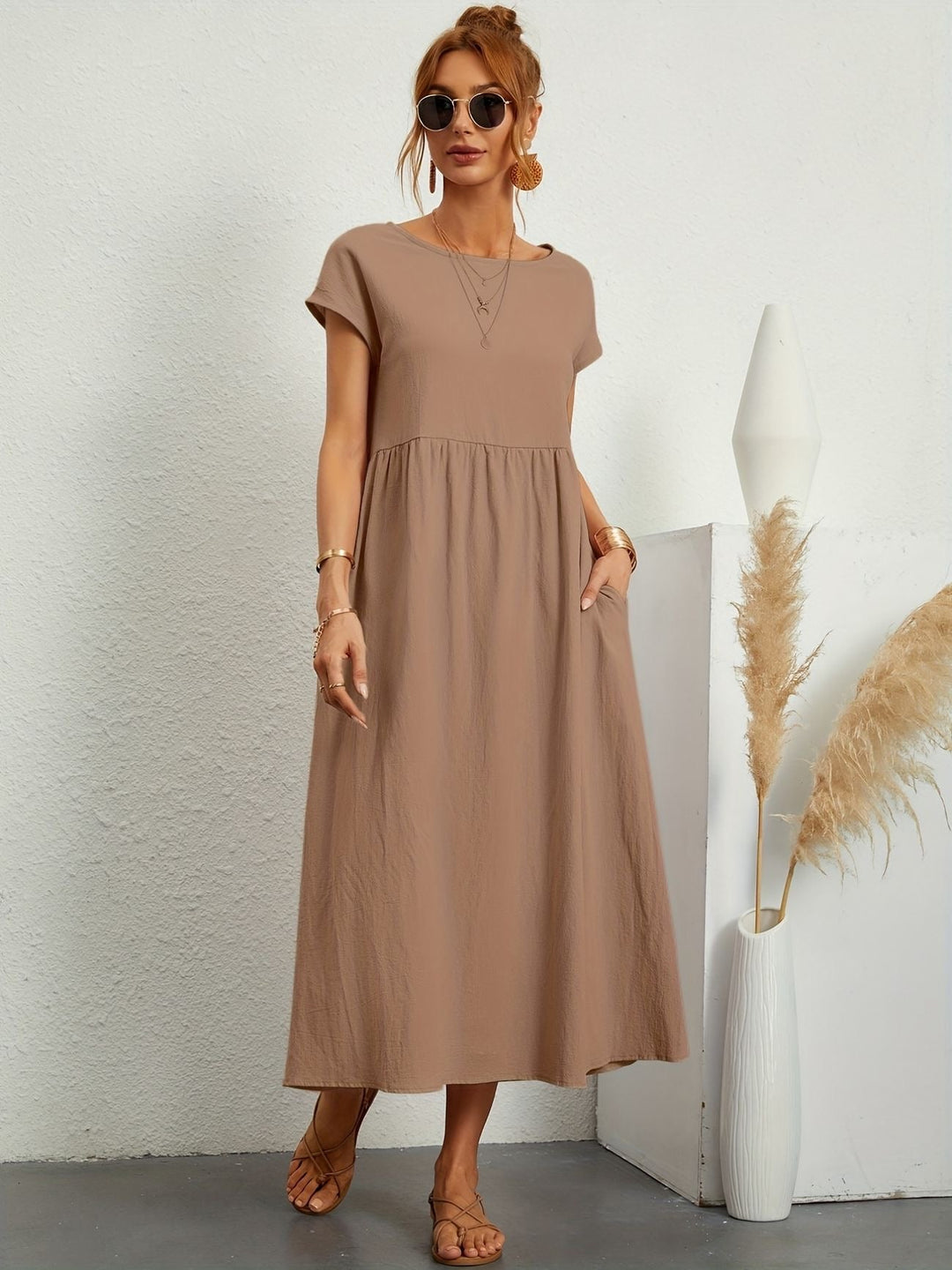 Dress For Women | Short Sleeve Round Neck Midi