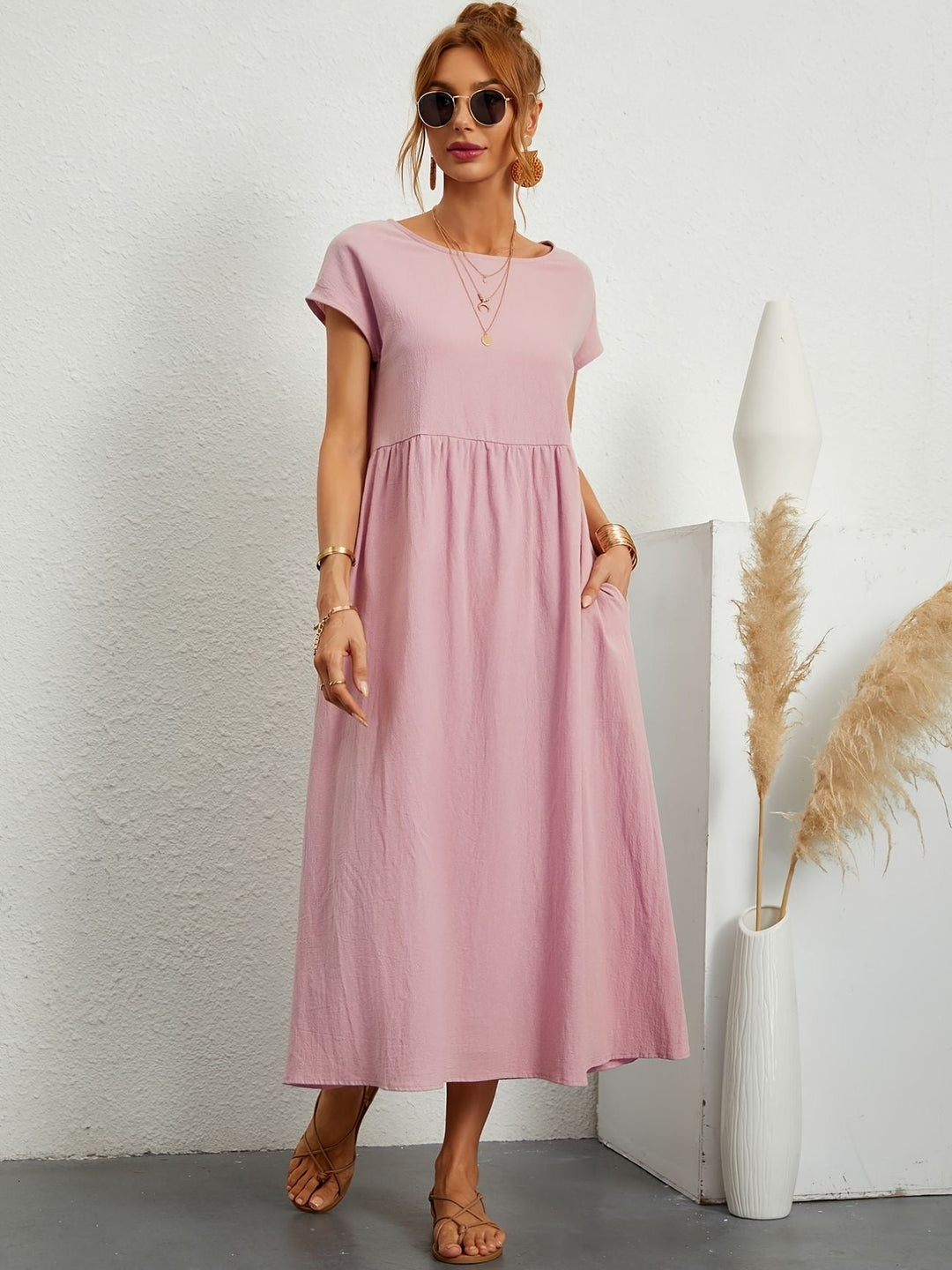 Dress For Women | Short Sleeve Round Neck Midi