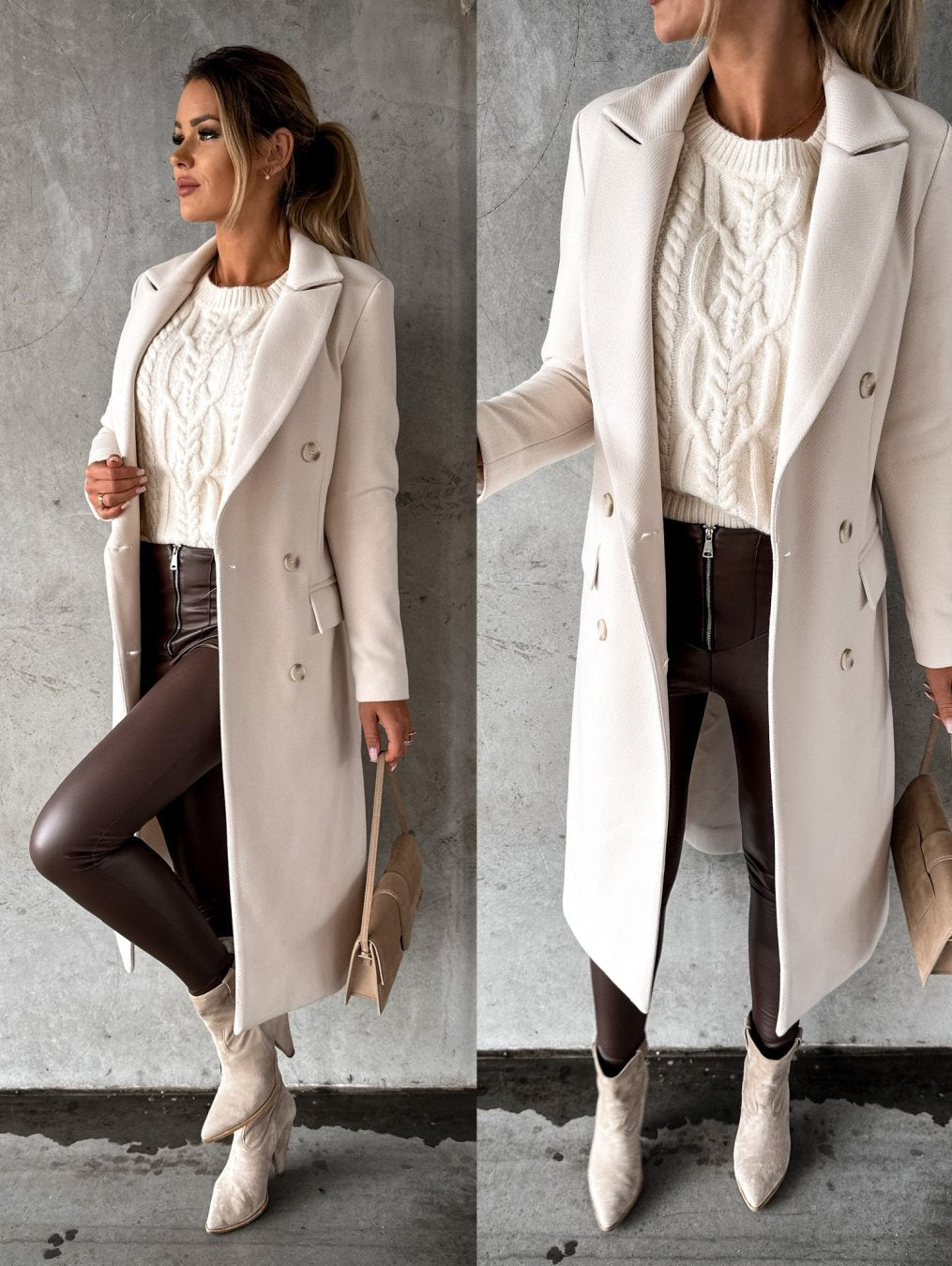 Women's long double-breasted coat with lapel collar and flap pockets