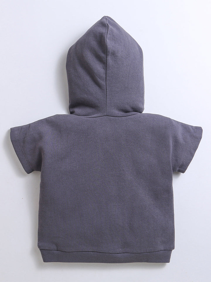 Gray hooded top with striped sleeves and dark joggers