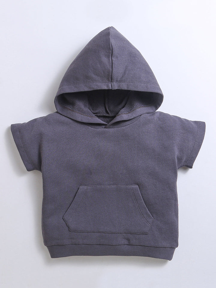 Gray hooded top with striped sleeves and dark joggers
