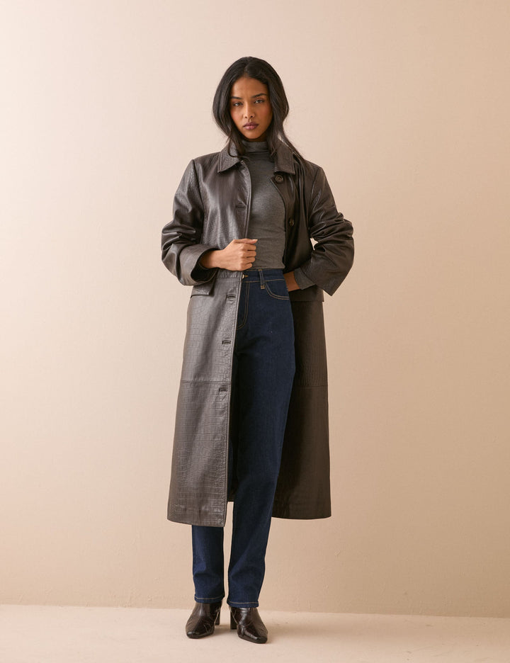Women's dark brown croc-embossed long coat with collar and button front
