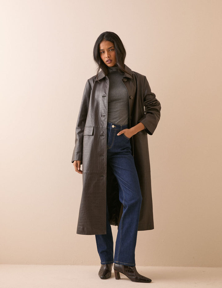 Women's dark brown croc-embossed long coat with collar and button front