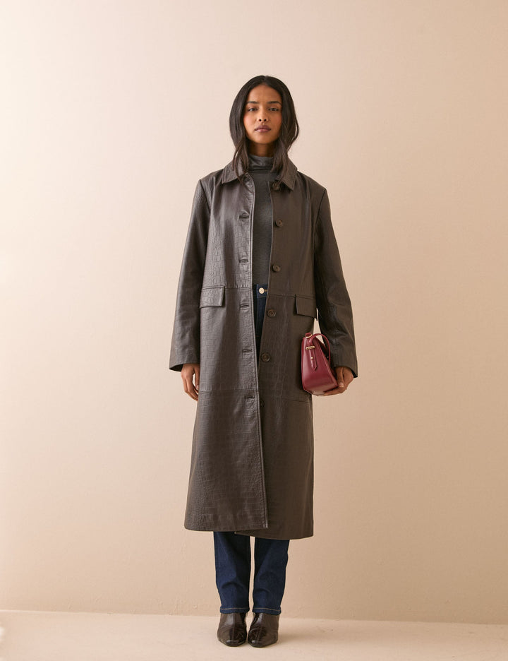 Women's dark brown croc-embossed long coat with collar and button front