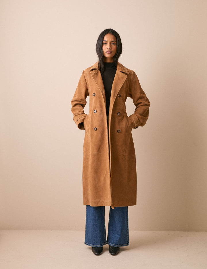 Women's brown belted trench coat with notched collar and long sleeves