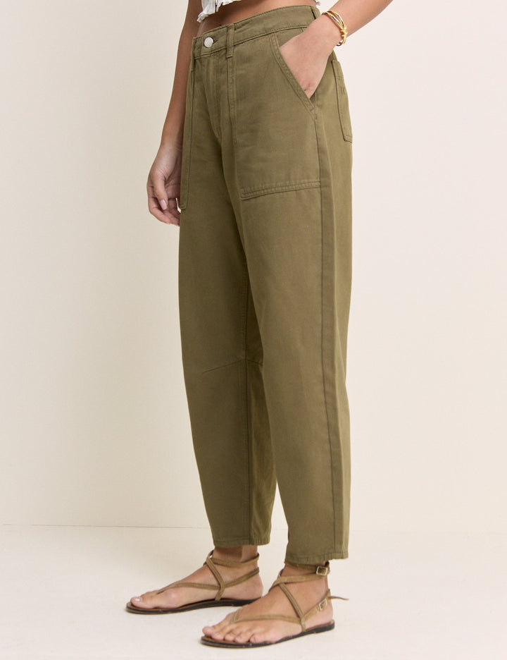 Women's khaki cropped utility trousers with straight legs and patch pockets