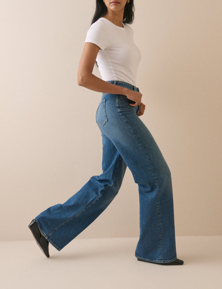 Women's mid-blue high rise wide leg jeans with full-length hems