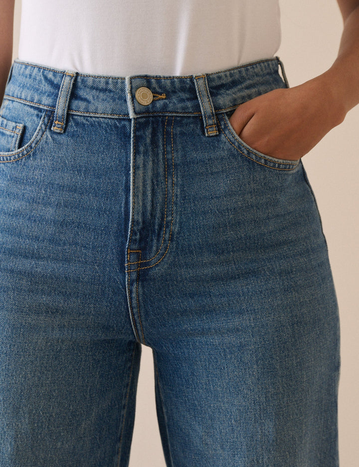 Women's mid-blue high rise wide leg jeans with full-length hems