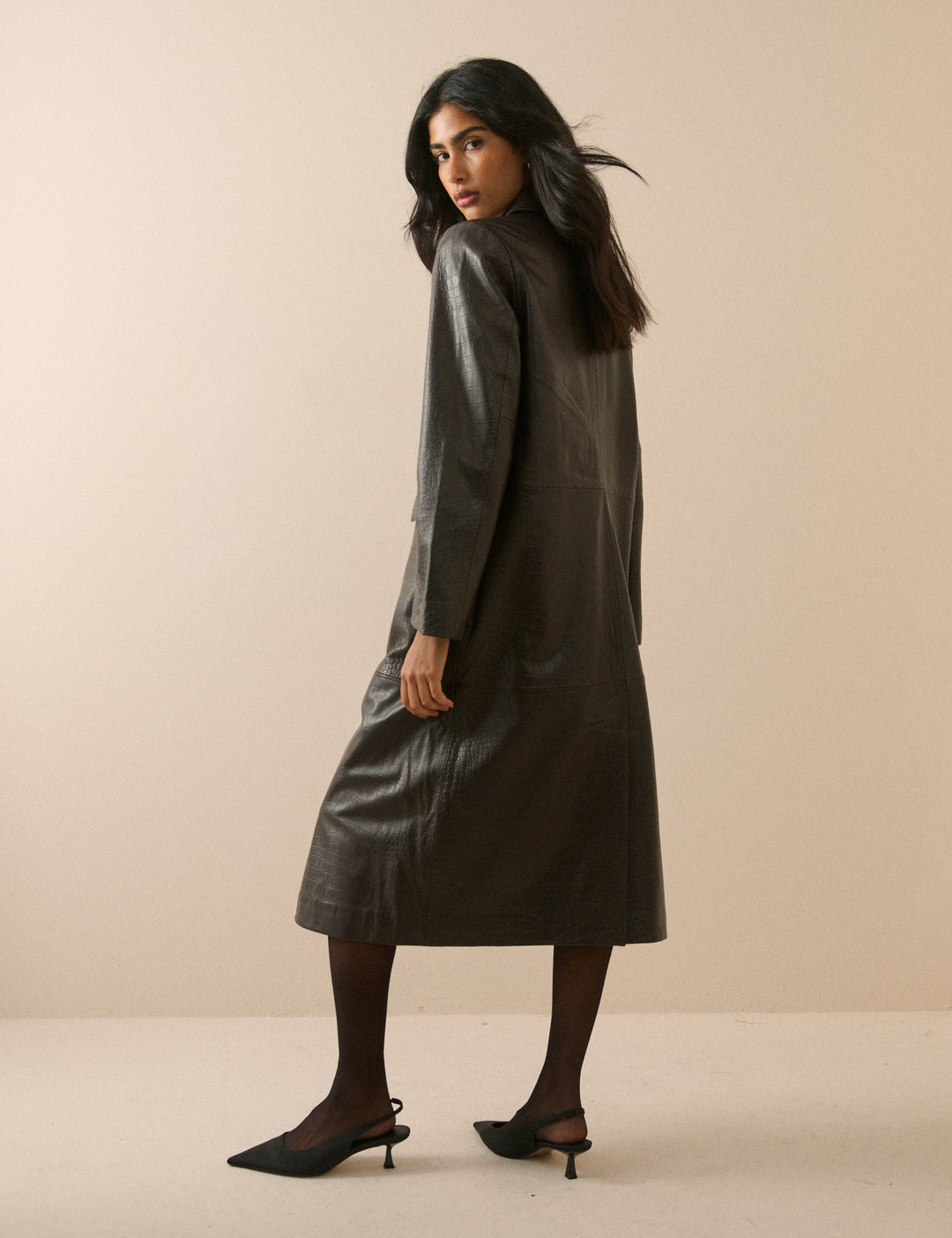 Women's dark brown croc-embossed long coat with collar and button front
