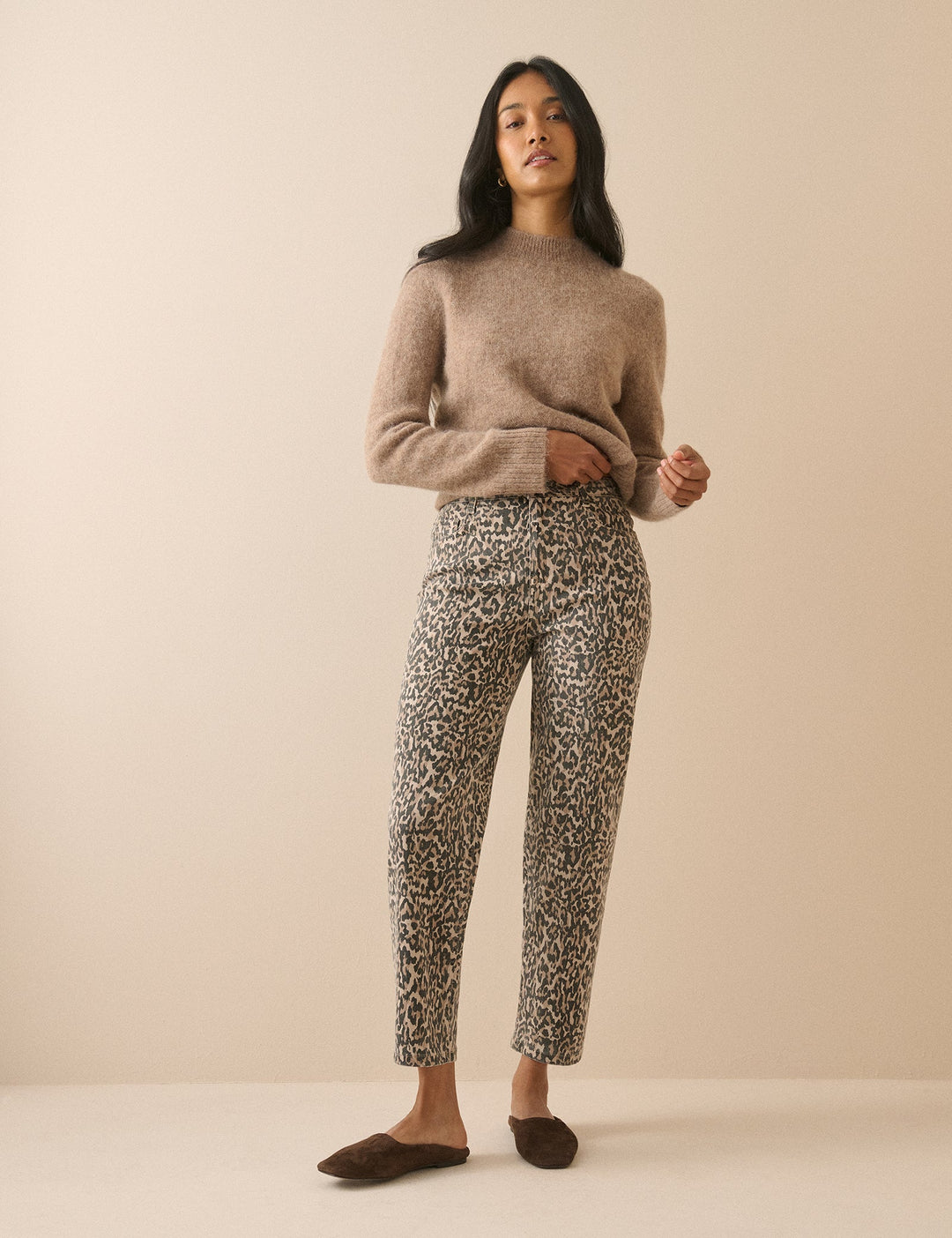 Women's beige leopard print mid-rise tapered jeans with cropped ankle-length legs
