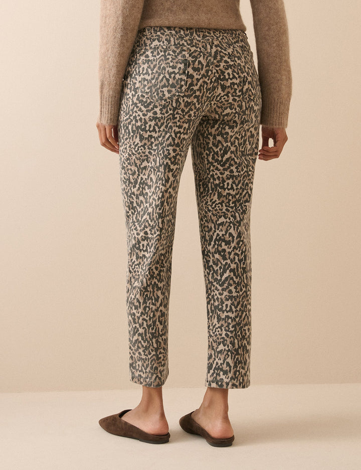 Women's beige leopard print mid-rise tapered jeans with cropped ankle-length legs