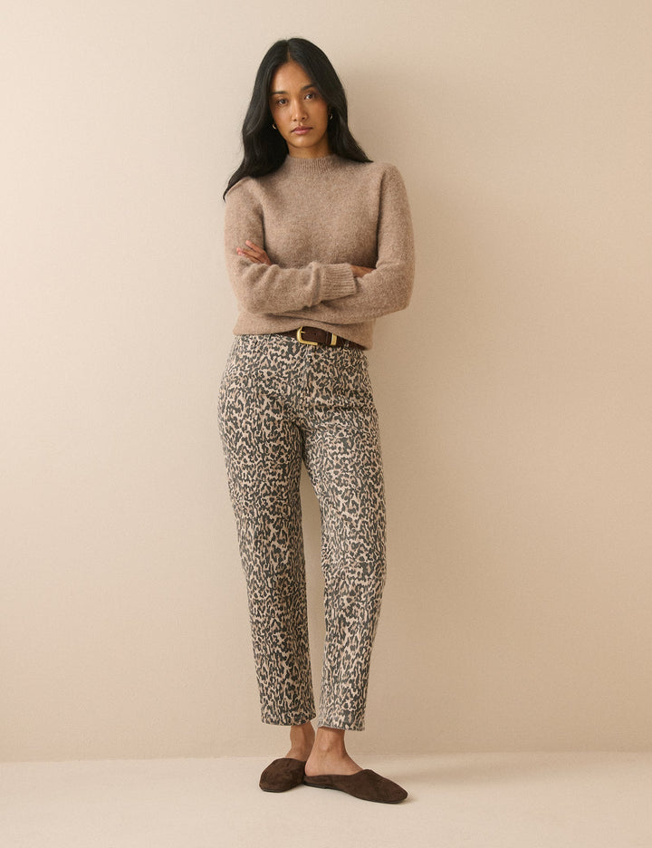 Women's beige leopard print mid-rise tapered jeans with cropped ankle-length legs