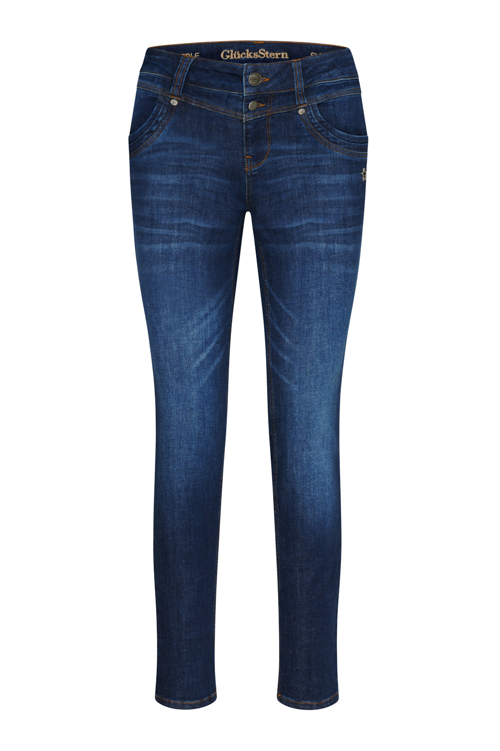 Women's dark blue slim fit jeans with mid-rise waist and button fly