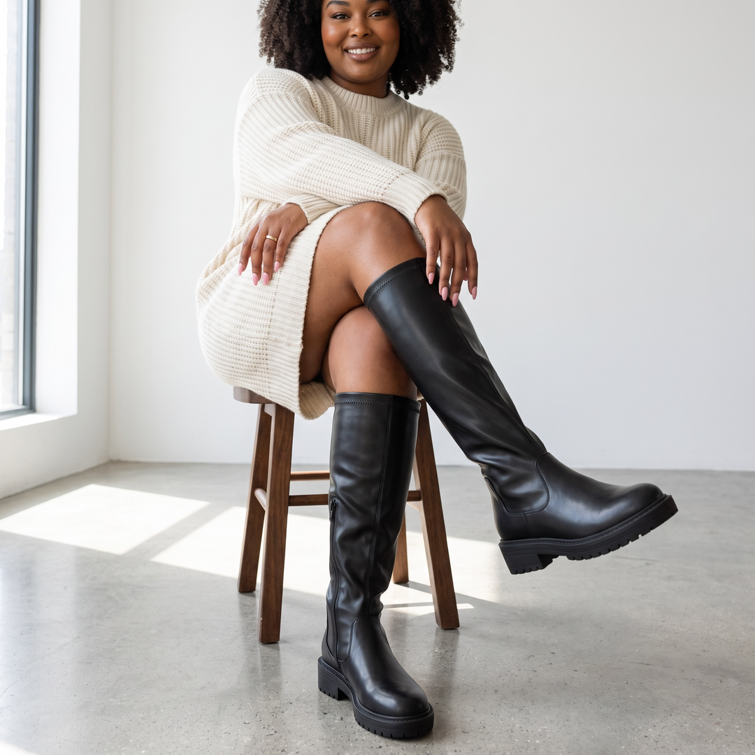 Women's black knee-high boots with round toes, side zippers and low block heels