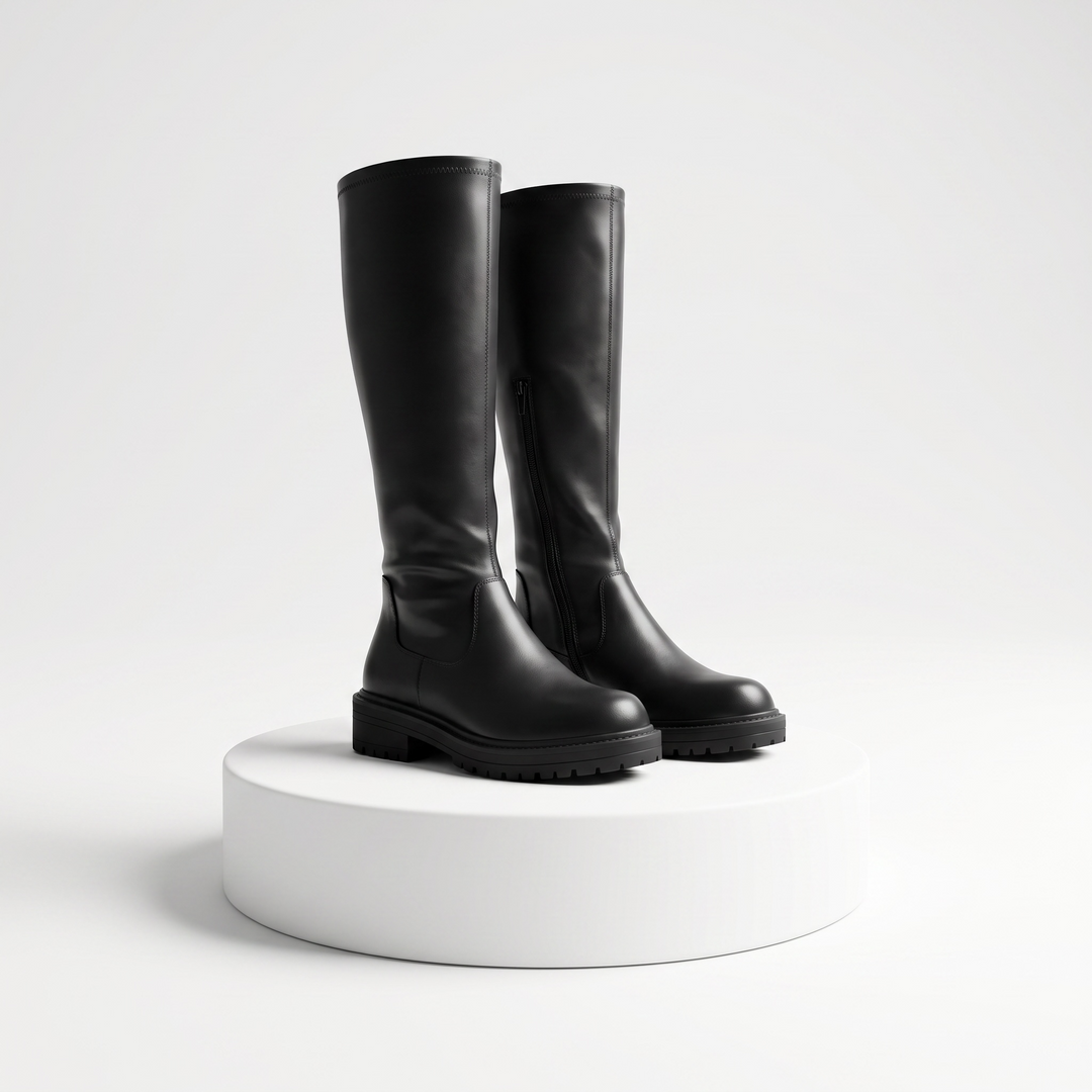 Women's black knee-high boots with round toes, side zippers and low block heels