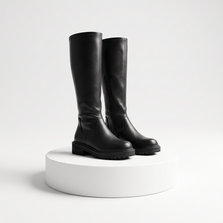 Women's black knee-high boots with round toes, side zippers and low block heels