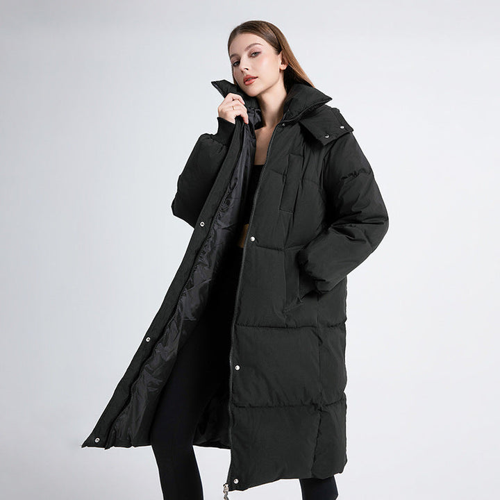 Women's long quilted puffer coat with hood, zipper front and patch pockets