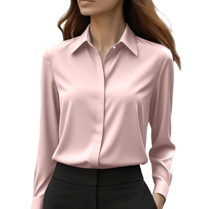 Women's long-sleeve button-front blouse with pointed collar