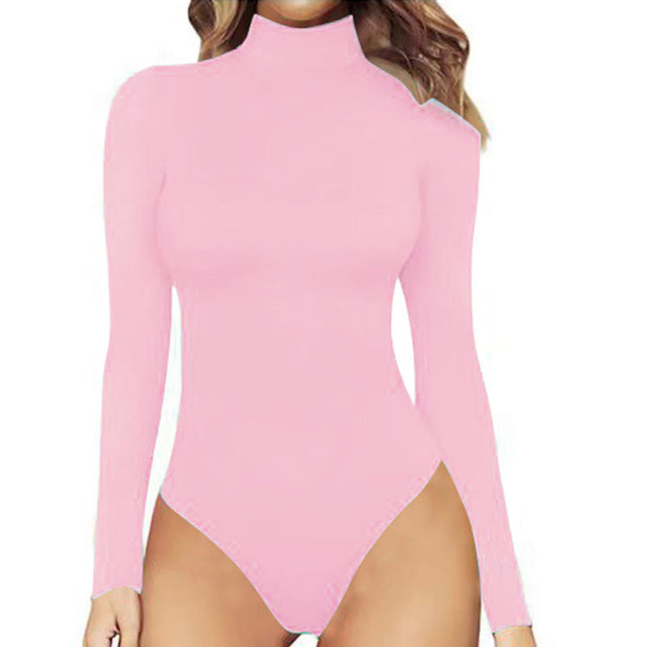 Women's long-sleeve turtleneck bodysuit with a close fit and high-cut leg openings