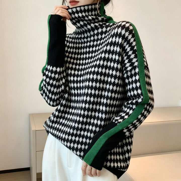 Women's herringbone turtleneck pullover with contrast trim and long sleeves