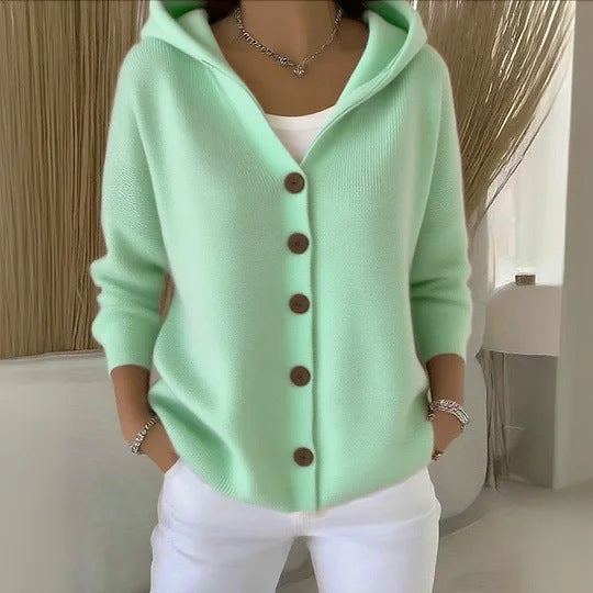 Women's hooded cardigan with long sleeves and contrasting front buttons
