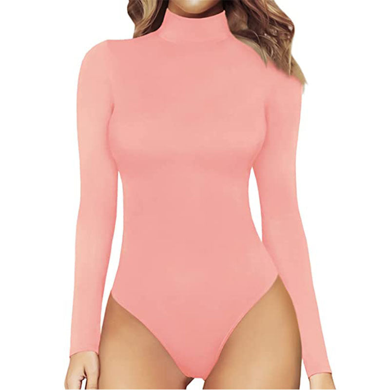 Women's long-sleeve turtleneck bodysuit with a close fit and high-cut leg openings