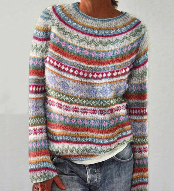 Women's long-sleeve geometric patterned crew neck sweater