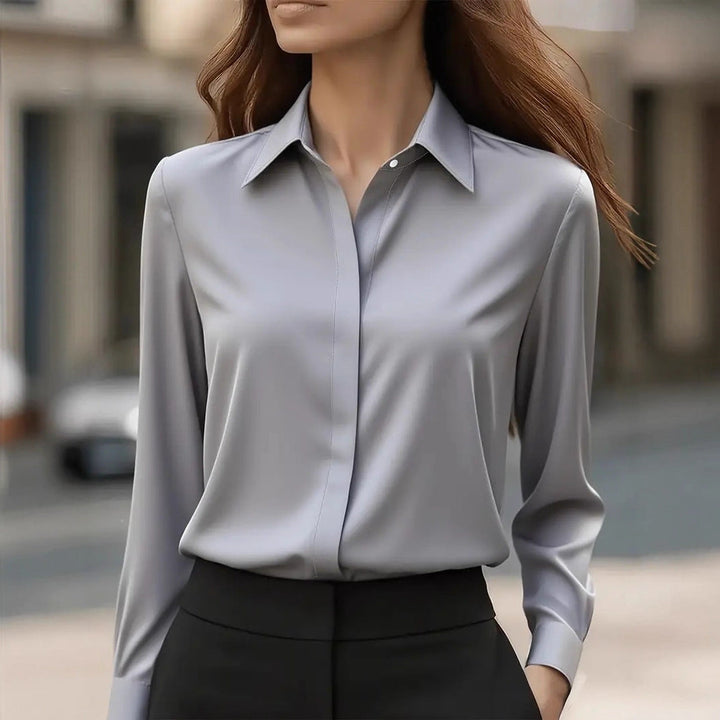 Women's long-sleeve button-front blouse with pointed collar