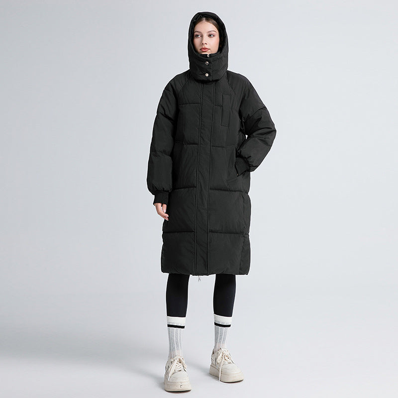 Women's long quilted puffer coat with hood, zipper front and patch pockets