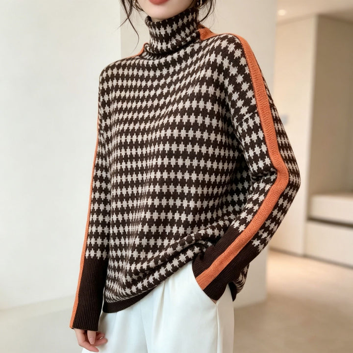 Women's herringbone turtleneck pullover with contrast trim and long sleeves