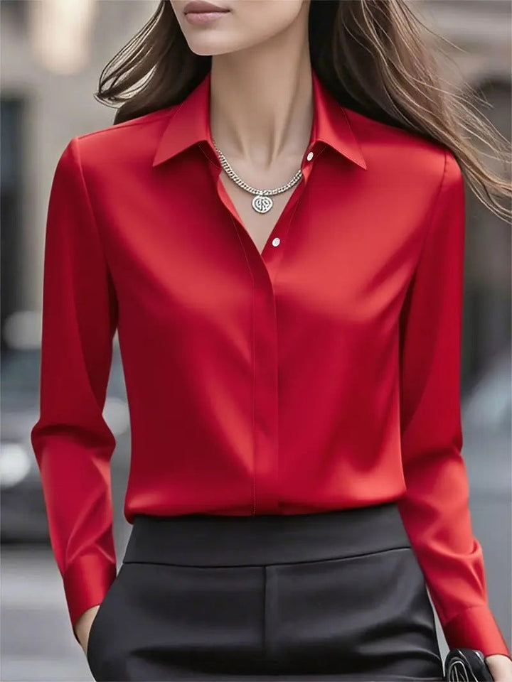 Women's long-sleeve button-front blouse with pointed collar