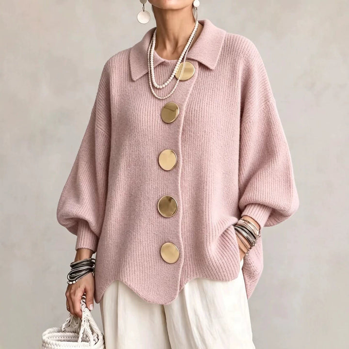 Women's oversized ribbed knit cardigan with pointed collar and large buttons