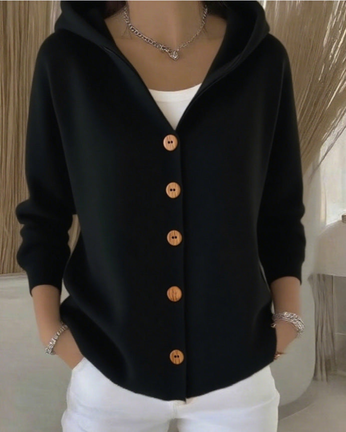Women's hooded cardigan with long sleeves and contrasting front buttons