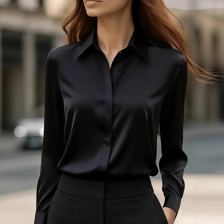Women's long-sleeve button-front blouse with pointed collar