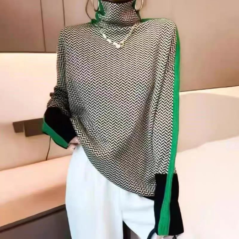 Women's herringbone turtleneck pullover with contrast trim and long sleeves