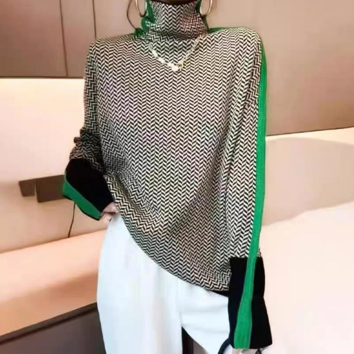 Women's herringbone turtleneck pullover with contrast trim and long sleeves