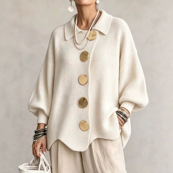 Women's oversized ribbed knit cardigan with pointed collar and large buttons