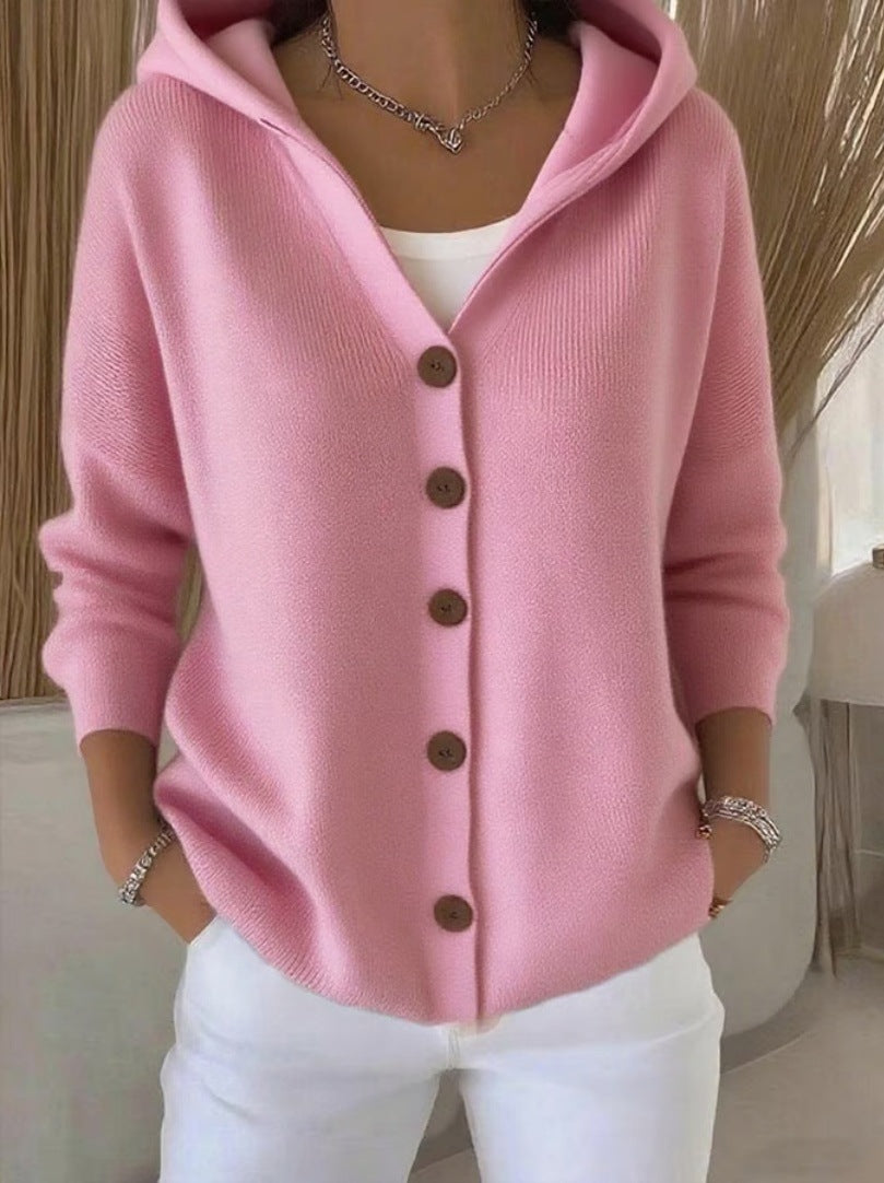 Women's hooded cardigan with long sleeves and contrasting front buttons