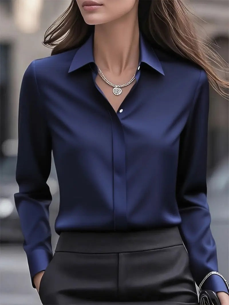 Women's long-sleeve button-front blouse with pointed collar