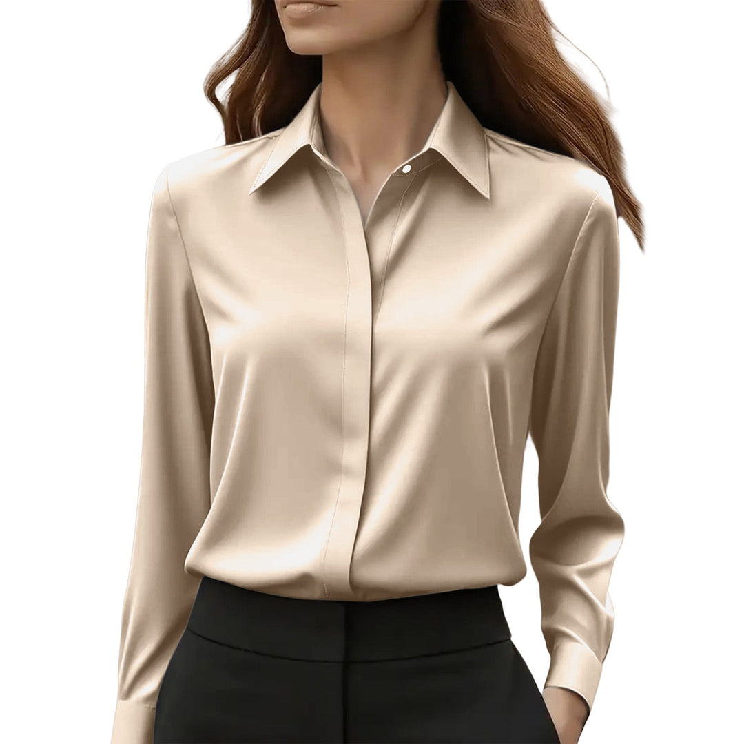 Women's long-sleeve button-front blouse with pointed collar