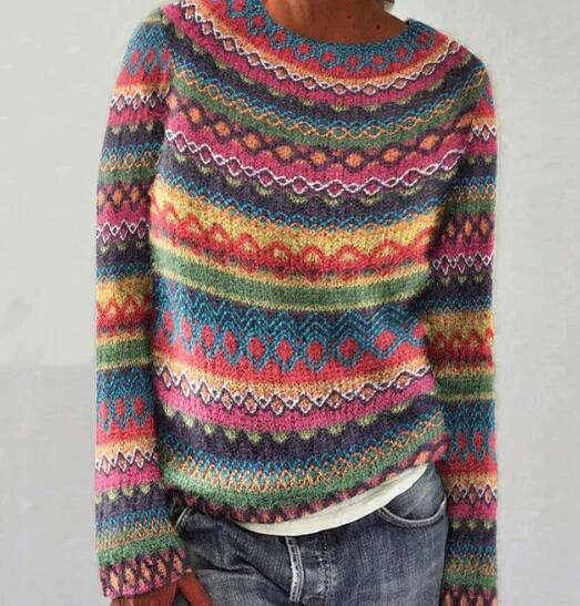 Women's multicolour striped long sleeve sweater with crew neckline