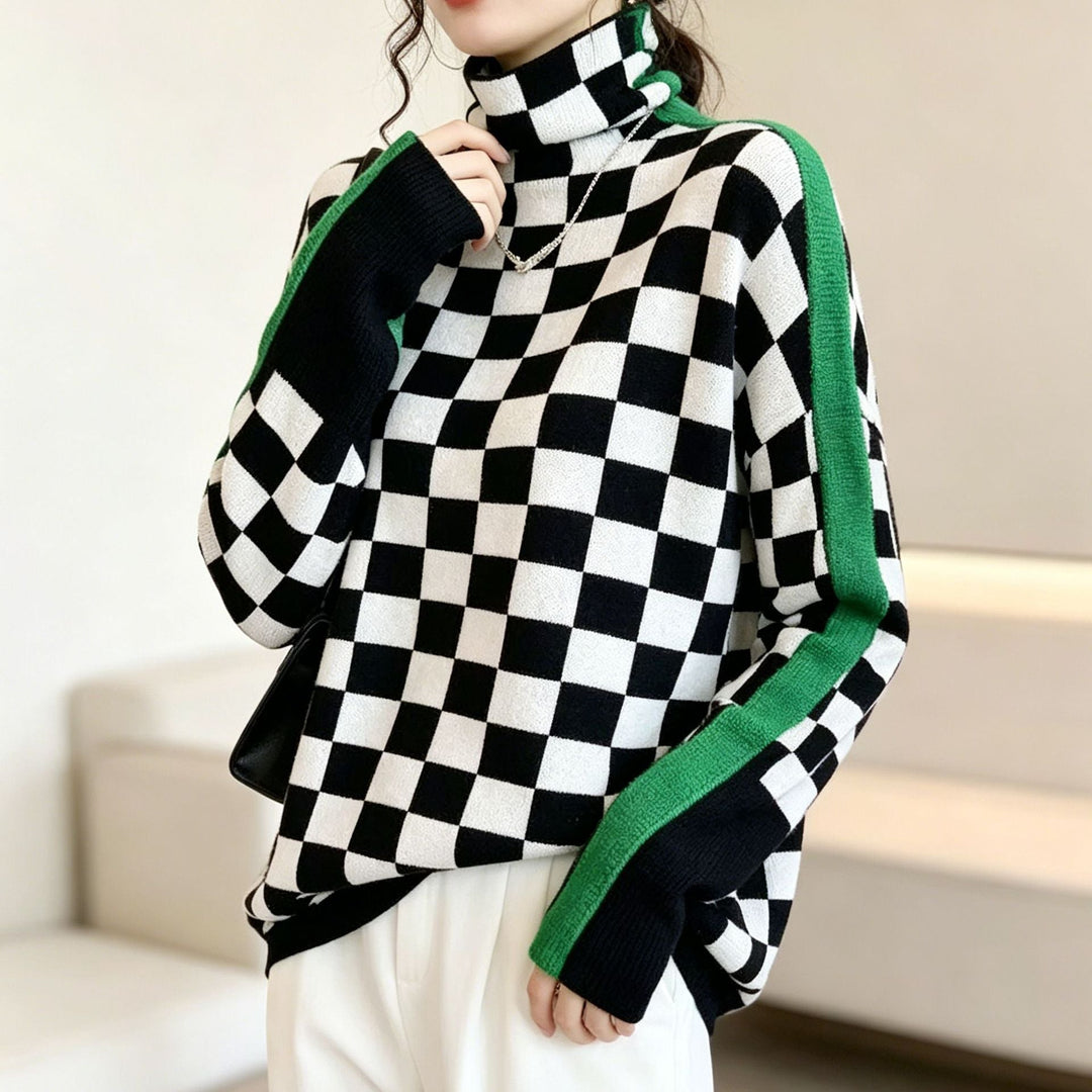 Women's herringbone turtleneck pullover with contrast trim and long sleeves