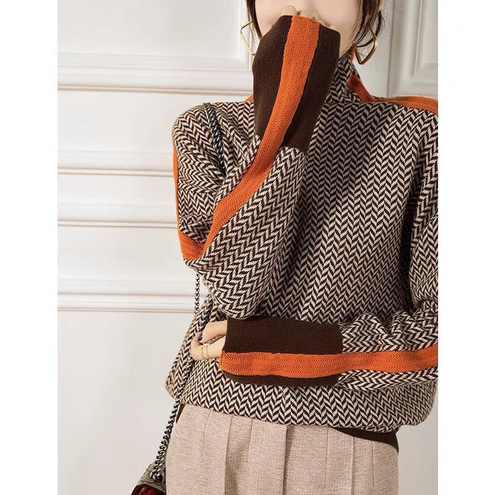 Women's herringbone turtleneck pullover with contrast trim and long sleeves